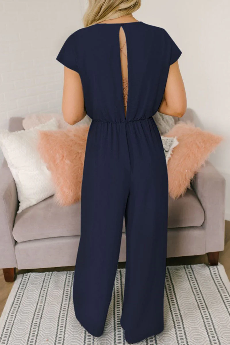 hulianfu Fashion Street Solid Backless V Neck Loose Jumpsuits - Deanwangkt