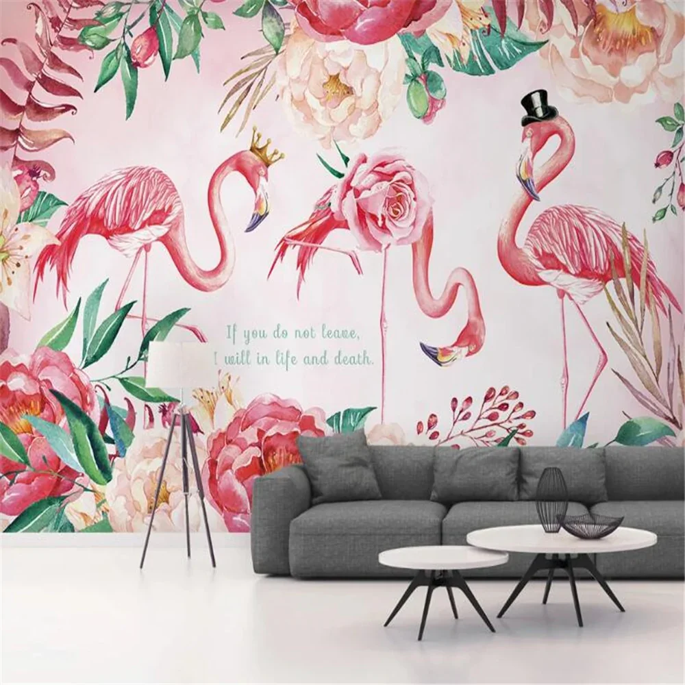 HULIANFU milofi factory custom wallpaper mural 3d nordic flamingo flower plant background wallpaper mural - Deanwangkt
