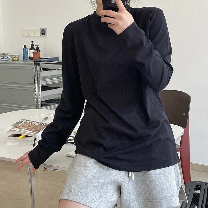 Hulianfu Summer Women's Casual Solid Color Round Neck Long Sleeve Loose T-Shirt - Deanwangkt
