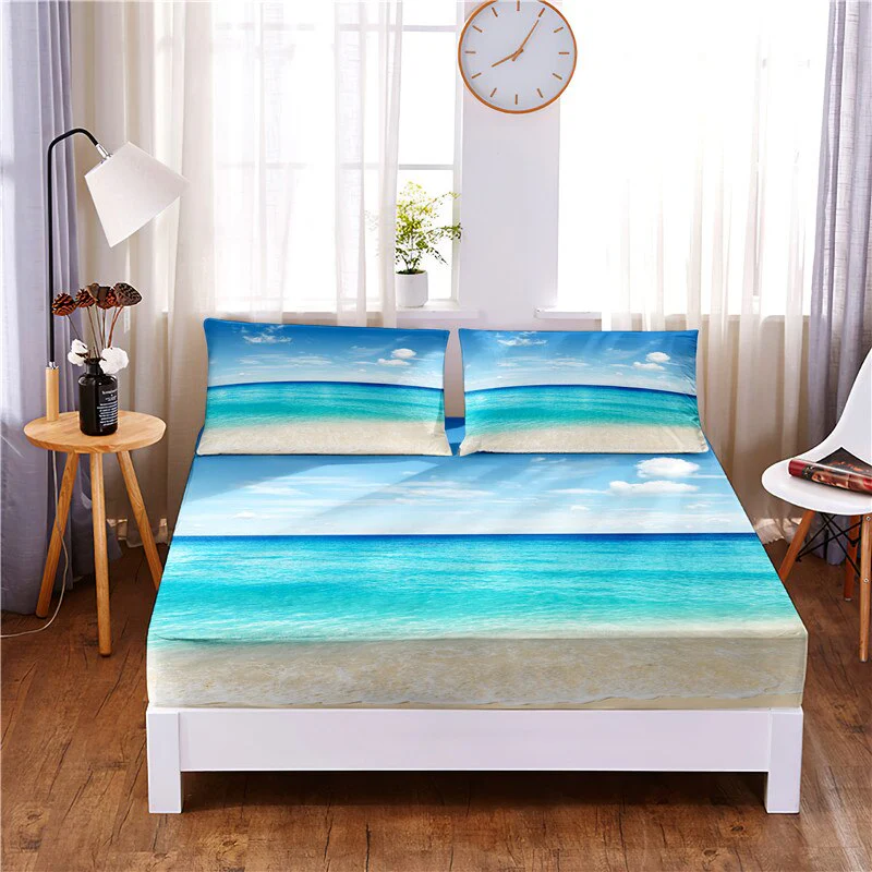 HULIANFU Sunset Beach Digital Printed 3pc Polyester  Fitted Sheet Mattress Cover Four Corners with Elastic Band Bed Sheet Pillowcases - Deanwangkt