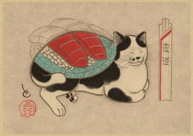 HULIANFU Japanese samurai cat tattoo cat vintage poster wall art sticker painting living room decoration bedroom print picture - Deanwangkt
