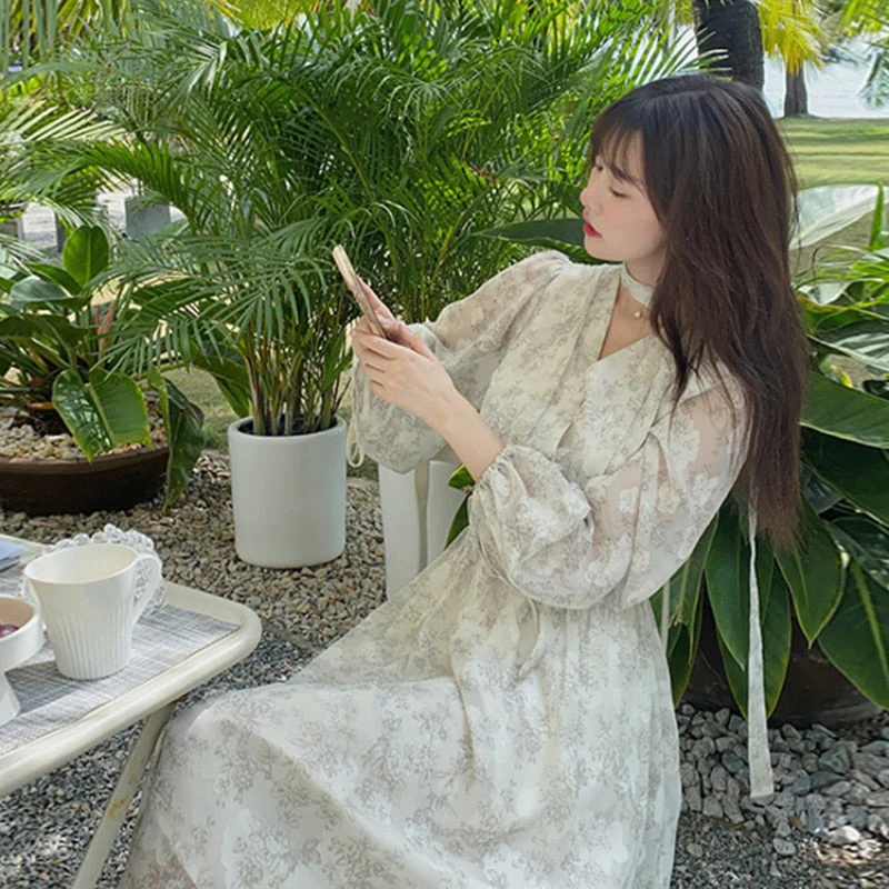 Hulianfu Summer Basic Long Dress Long Sleeve V-Neck Floral Printed Retro Vintage A-Line Women Dresses Chic Korea Fashion Vestidos - Deanwangkt