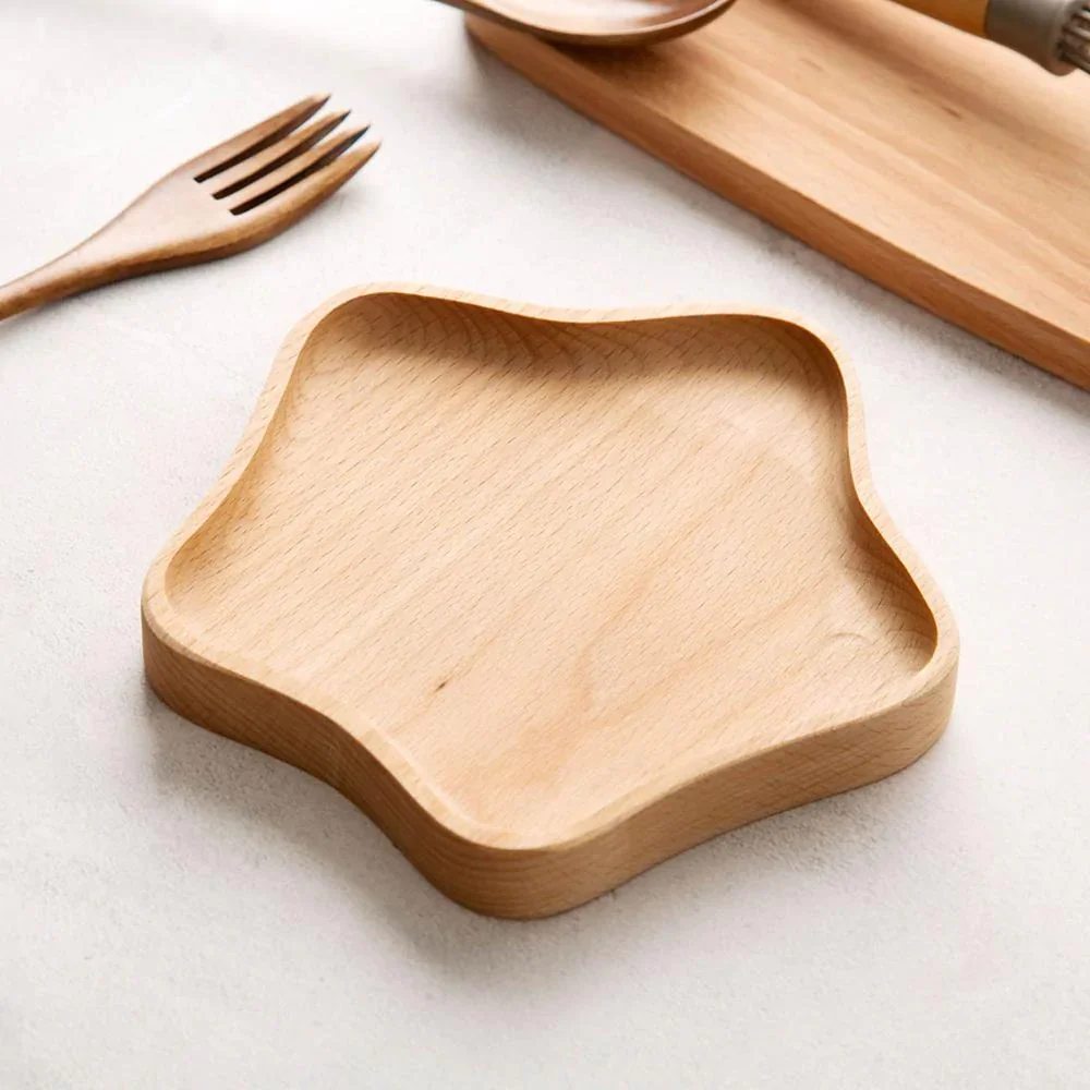 HULIANFU Natural Beech Cartoon Food Tray Wooden Cup Breakfast Plate Large Solid Wood Tableware Cake Snack Fruit Tray Safe baby Food Bowl - Deanwangkt