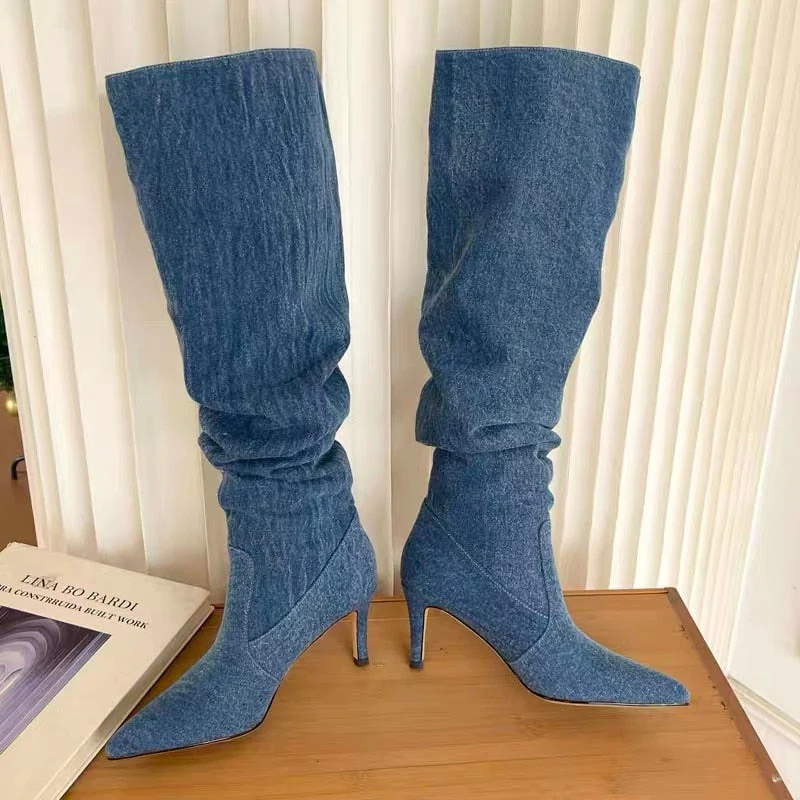 Pleated High Heels Denim Boots for Women  Autumn Jeans Knee High Cowboy Boots Woman Blue Thin Heeled Long Botas Feminina - Deanwangkt