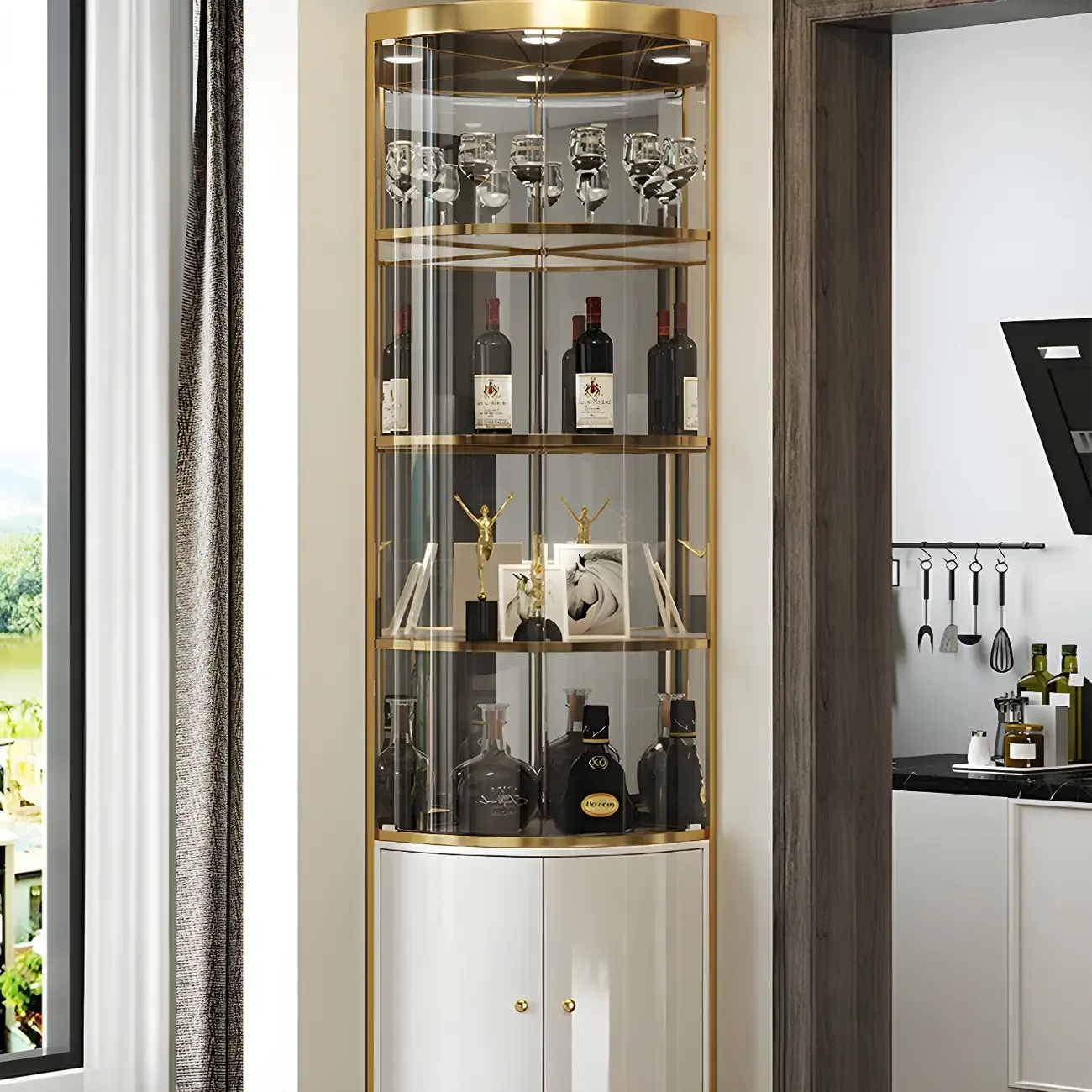 Glam Glossy Glass Gold Metal Rounded Display Corner Cabinet