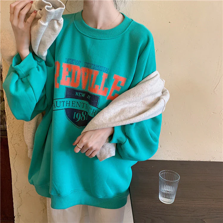 Autumn Women Fleece Letter Printed Pullover Sweatshirt Long Sleeve Casual Sports Lady Oversized Hoodie Korean Fashion - Deanwangkt