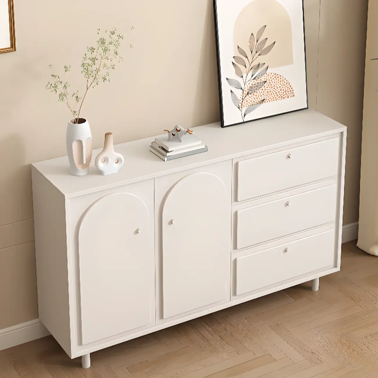 Dove Grey Wood Cabinet with Drawers for Living Room Storage
