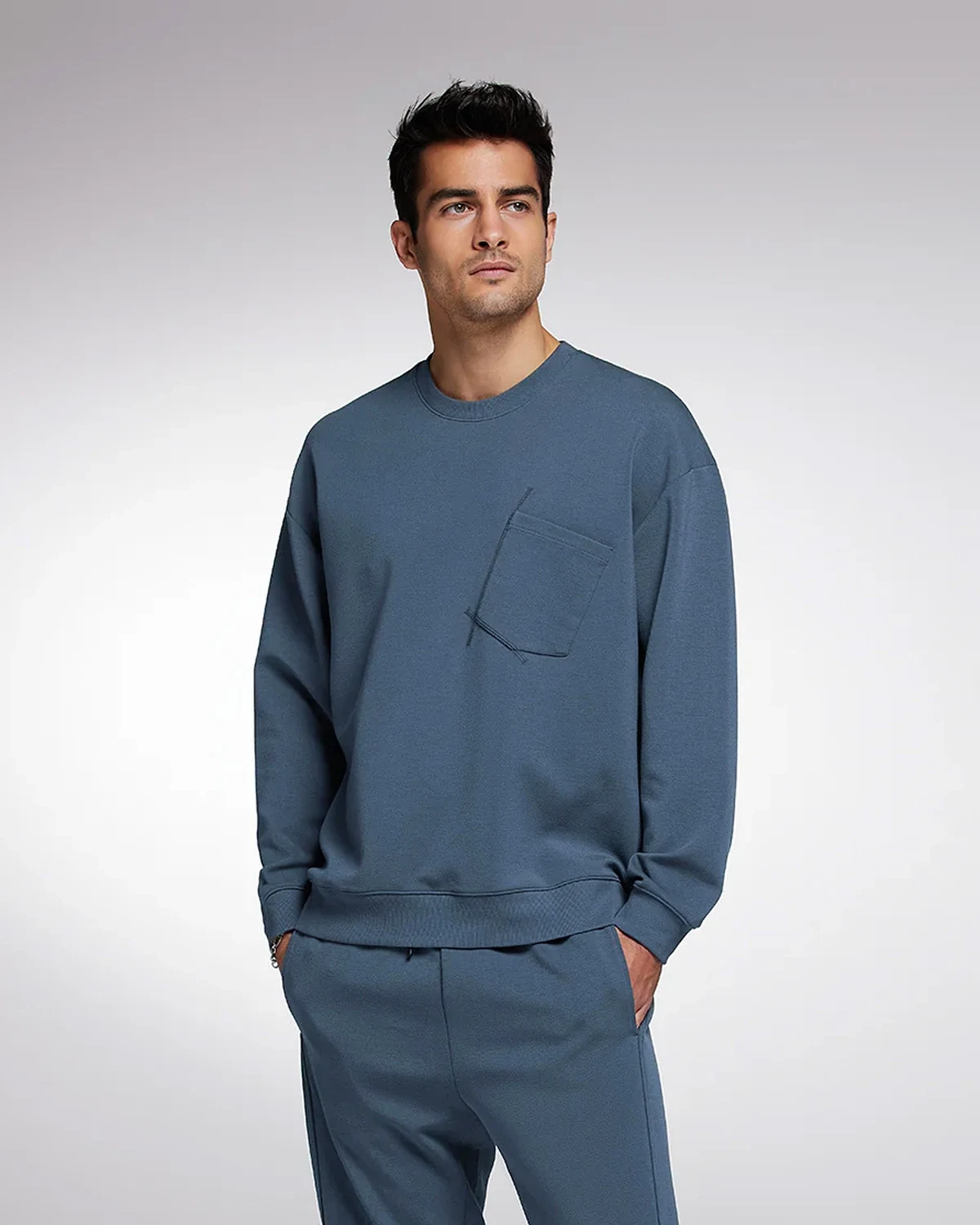 Men's Simple Casual Crewneck Sweatshirt Set, Skin-Friendly Cotton Long-Sleeve and Long-Pants Homewear Pajama Set for Outdoor Wear