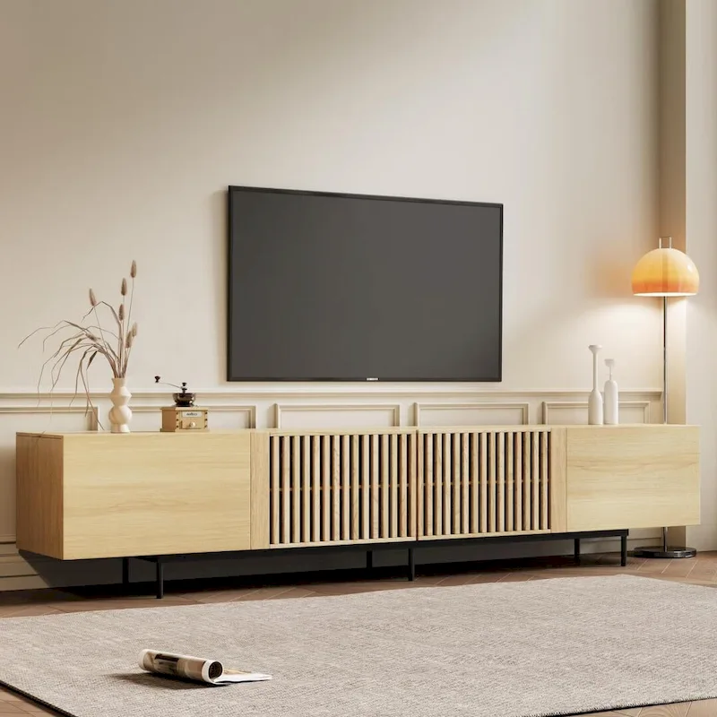 Stylish mid-century modern TV stand for up to 80 TVs. Ample storage for media devices, cable management. easy assembly.