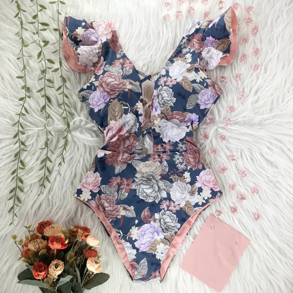 New Sexy Ruffle Print Floral One Piece Swimsuit Off The Shoulder Swimwear Women Solid Deep-V Beachwear Bathing Suit Monkini - Deanwangkt