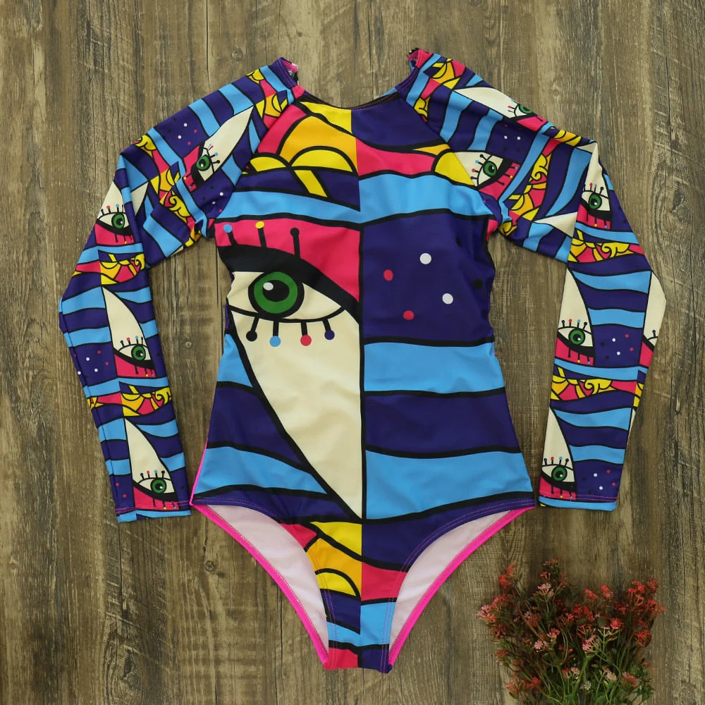 Long Sleeve Print Floral New One Piece Swimsuit Swimwear Women Bathing Suit Backless Swimsuit Vintage Surfing Swim Suit - Deanwangkt