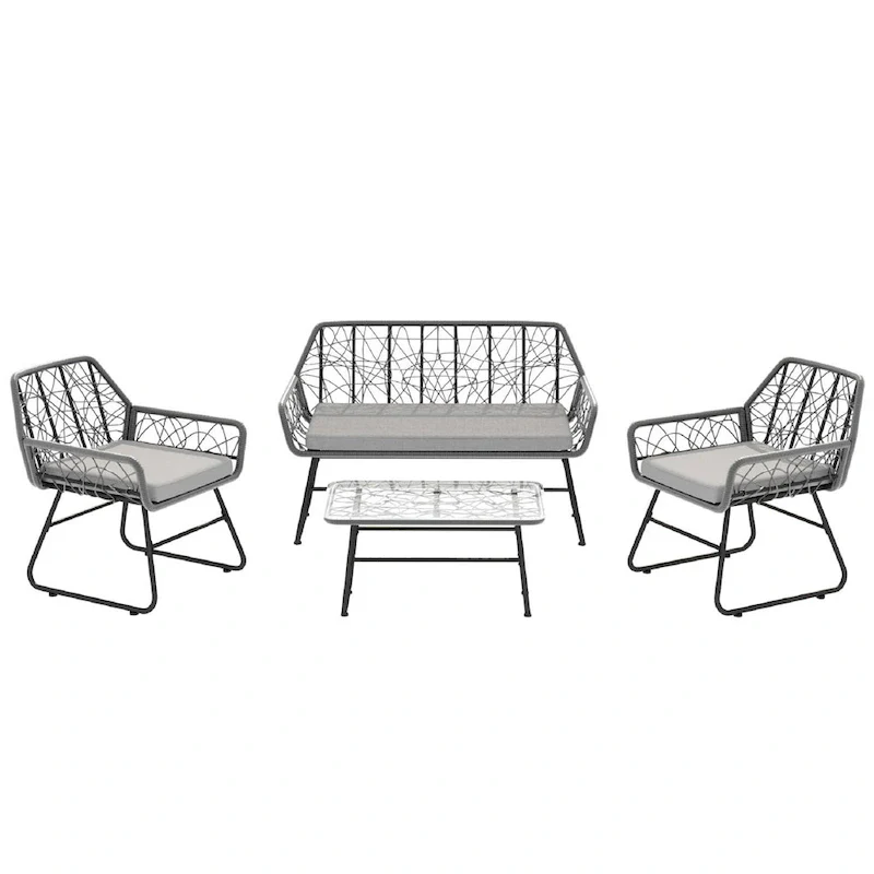 4-Piece Wicker Patio Set with Tempered Glass Table and Detachable Blue Cushions