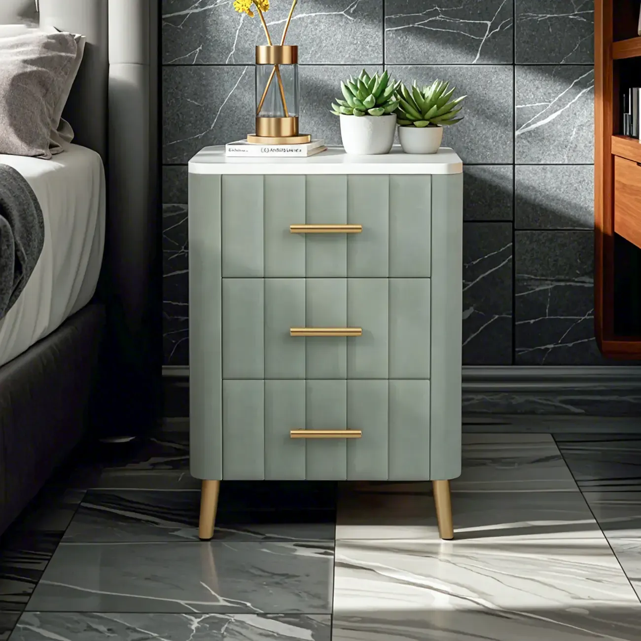 Glam Pink Leather Bedside Table with Marble Top 3 Drawers