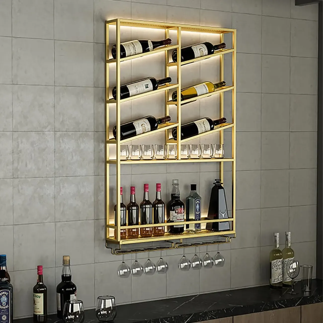 Industrial Wall Mounted Gold Metal Wine Rack with Bottle Rack