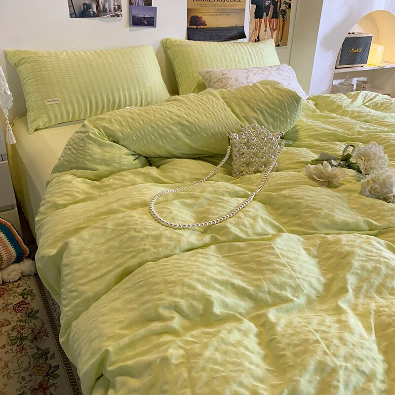 HULIANFU Nordic Style Green Puff Duvet Cover Simple Light Luxury Bedding Four Piece Set Duvet Cover Bed Sheet For Bedroom - Deanwangkt