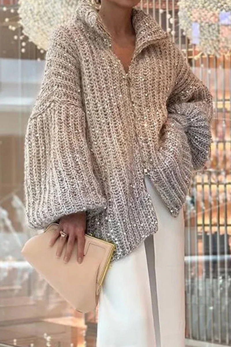 hulianfu Casual Celebrities Elegant Sequins Turndown Collar Sweaters(3 Colors) - Deanwangkt