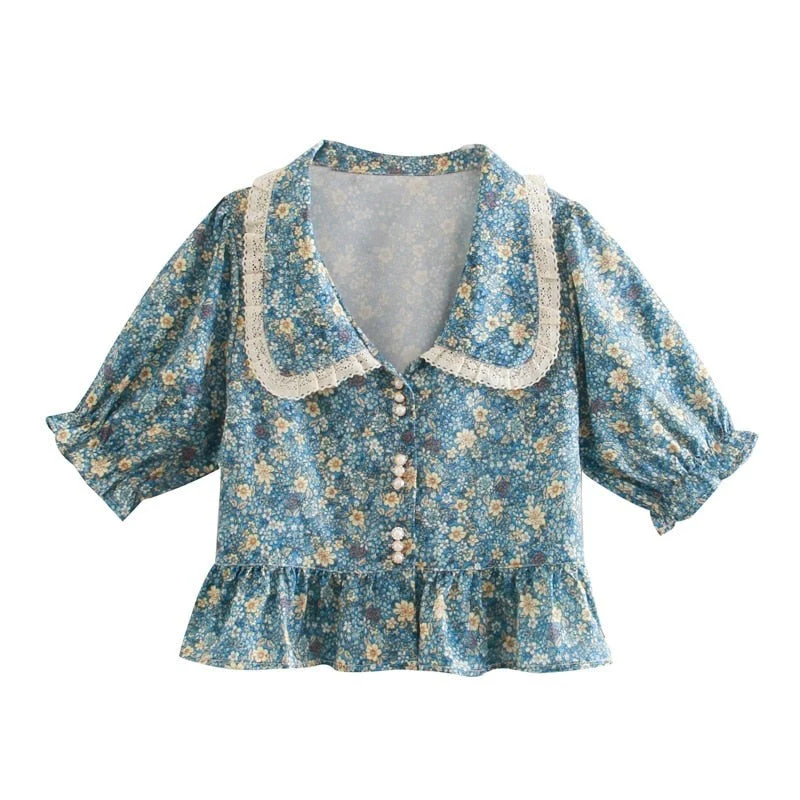Hulianfu New French Style Lace Patchwork Floral Print Crop Tops Women Summer Casual Chic Peter Pan Collar Blouses Female Fashion Top - Deanwangkt