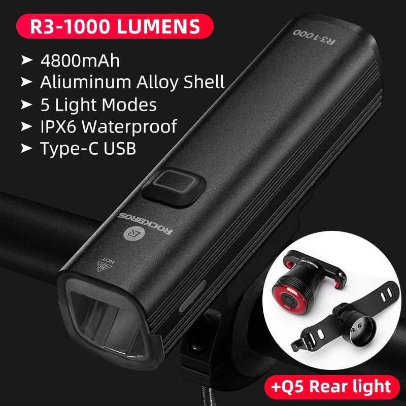 HULIANFU ROCKBROS 1000LM Bike Light Front Lamp USB Rechargeable LED 4800mAh Bicycle Light Waterproof Headlight Bike Accessories - Deanwangkt