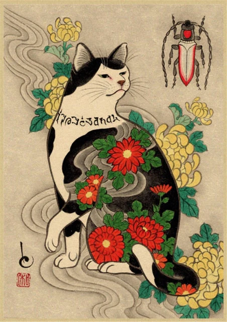 HULIANFU Japanese samurai cat tattoo cat vintage poster wall art sticker painting living room decoration bedroom print picture - Deanwangkt