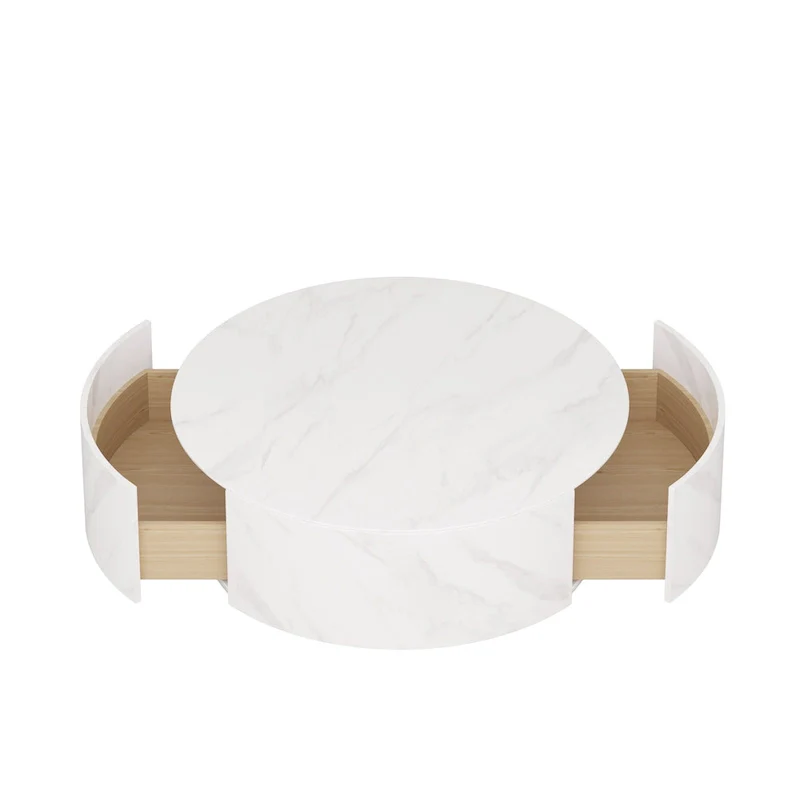 Modern Round Coffee Table, White Sintered Stone Tabletop with 2 Drawers