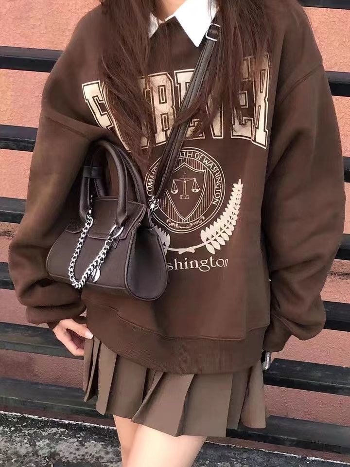 hulianfu Y2K Vintage Brown Sweatshirts Women Streetwear Egirl Aesthetic Letter Oversize Hoodies Harajuku Korean Style Female - Deanwangkt