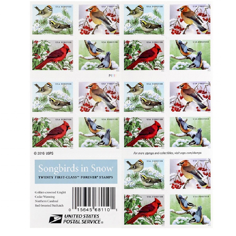 Songbirds in Snow 2016, (Book of 20) - TWENTYSTAMPS