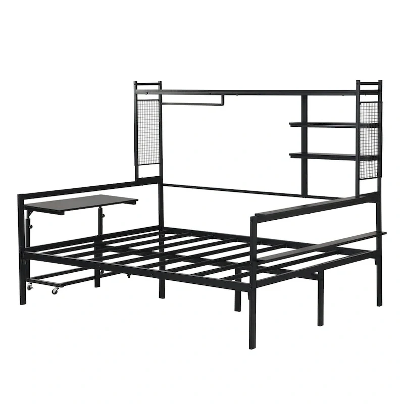 Versatile Daybed with Movable Desk, Metal Sofa Bed Frame with Metal Grid, Shelves and Clothes Hanger, No Box Spring Needed
