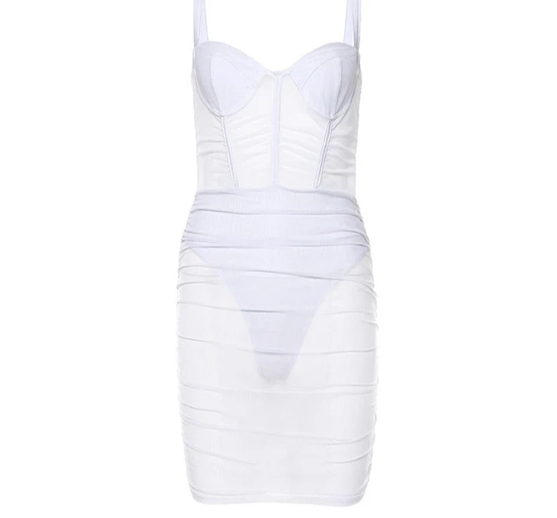 Women See Through Mesh Sexy Dresses Sleeveless Strapless Bodycon Mini Vestido Fashion Elegant Sheath Club Party New Autumn - Deanwangkt