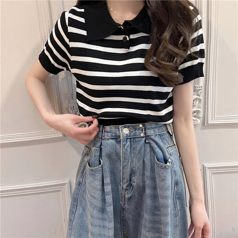 Hulianfu Summer Vintage Striped Polo Collar T Shirts Women's Knitted Short Sleeve Thin Cropped Tshirt Crop Top For Slim Girls - Deanwangkt