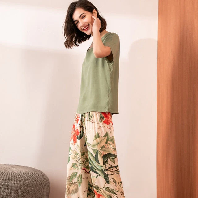 Breathable 2PCS Pajama Short Sleeve Printed Pijama Mujer Femme Loose Nightwear Suit Female Casual Homewear Pajama Set For Women - Deanwangkt