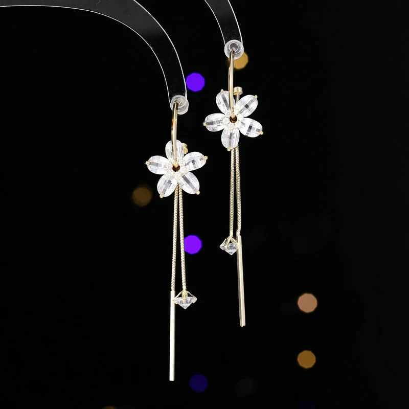 2025 New fashion high-end five-petal flower crystal fringed earrings removable a variety of ways to wear Korean temperament Internet celebrity earrings - Deanwangkt
