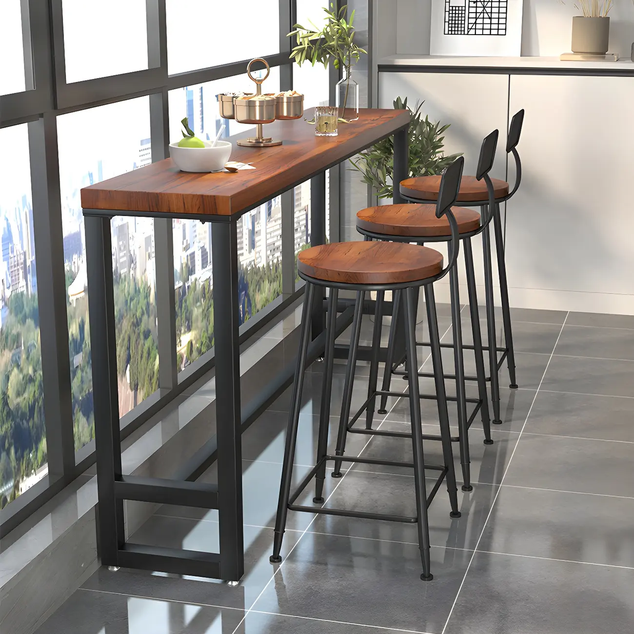 Rectangle Brown Wooden Bar Table With Footrest