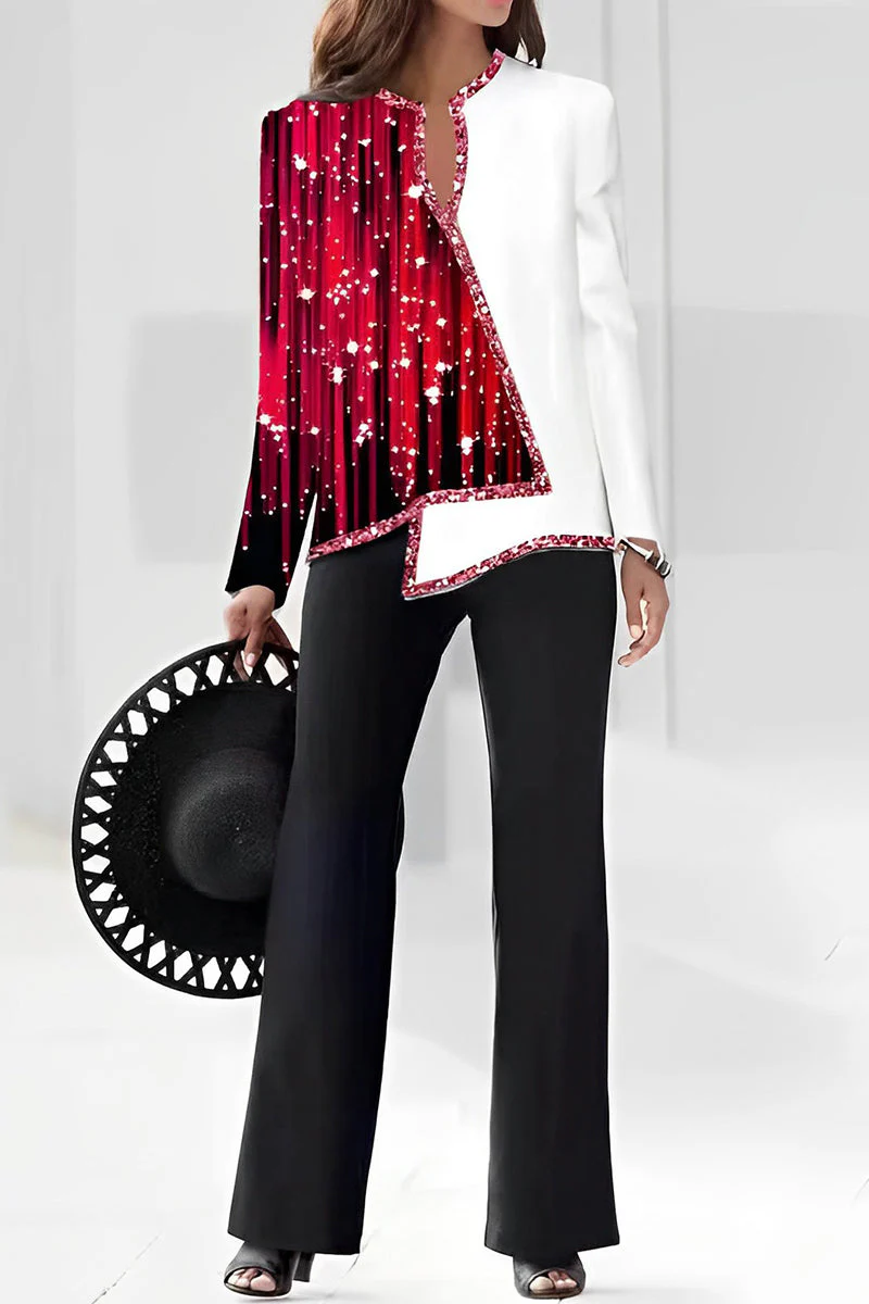 hulianfu Casual Print Asymmetrical V Neck Long Sleeve Two Pieces - Deanwangkt