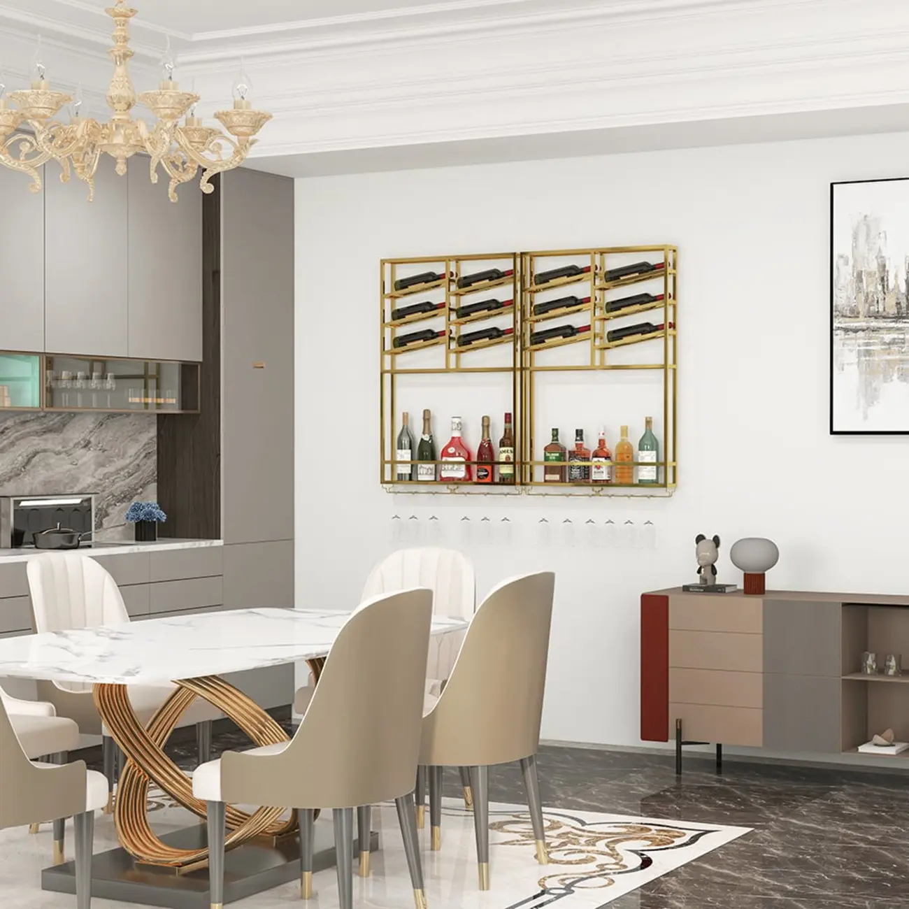 Industrial Wall Mounted Gold Metal Wine Rack with Bottle Rack