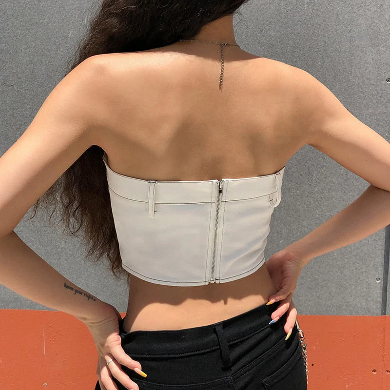 Hulianfu White Strapless Cropped Tube Top Women Sexy Backless Boob Tube Crop Tops Zipper Black Thread Camisole Summer - Deanwangkt