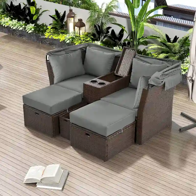 2-Seater Outdoor Patio Daybed Outdoor Double Daybed Outdoor Loveseat Sofa Set with Foldable Awning and Cushions for Garden