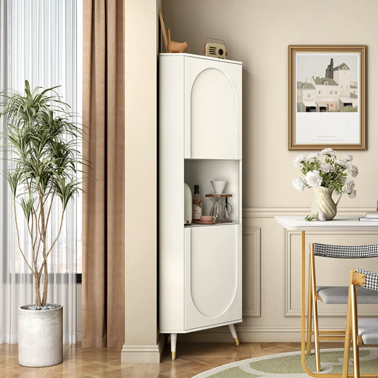 Chic White Wood Corner Cabinet with Open Shelves