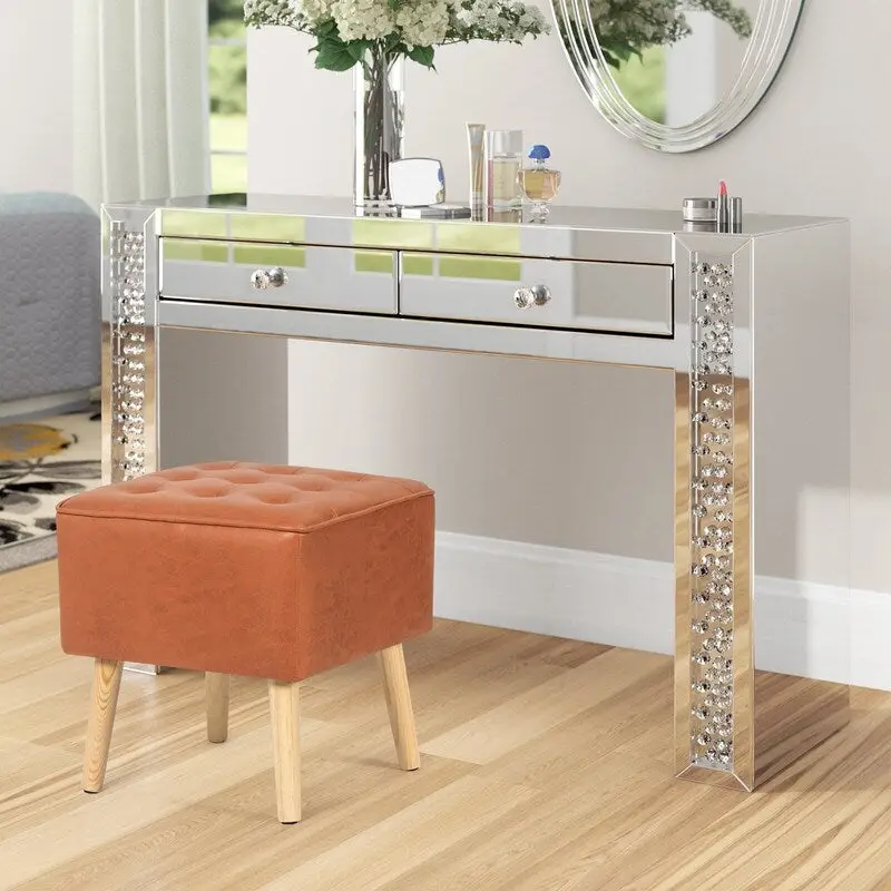 Adeco Square Faux Leather Tufted Footstool Ottoman Footrest Stool