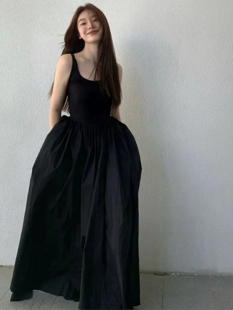 Black Long Tank Dress Women Spring Summer O Neck Floor-length Office Lady Casual Pockets Dresses  New Female Clothing - Deanwangkt