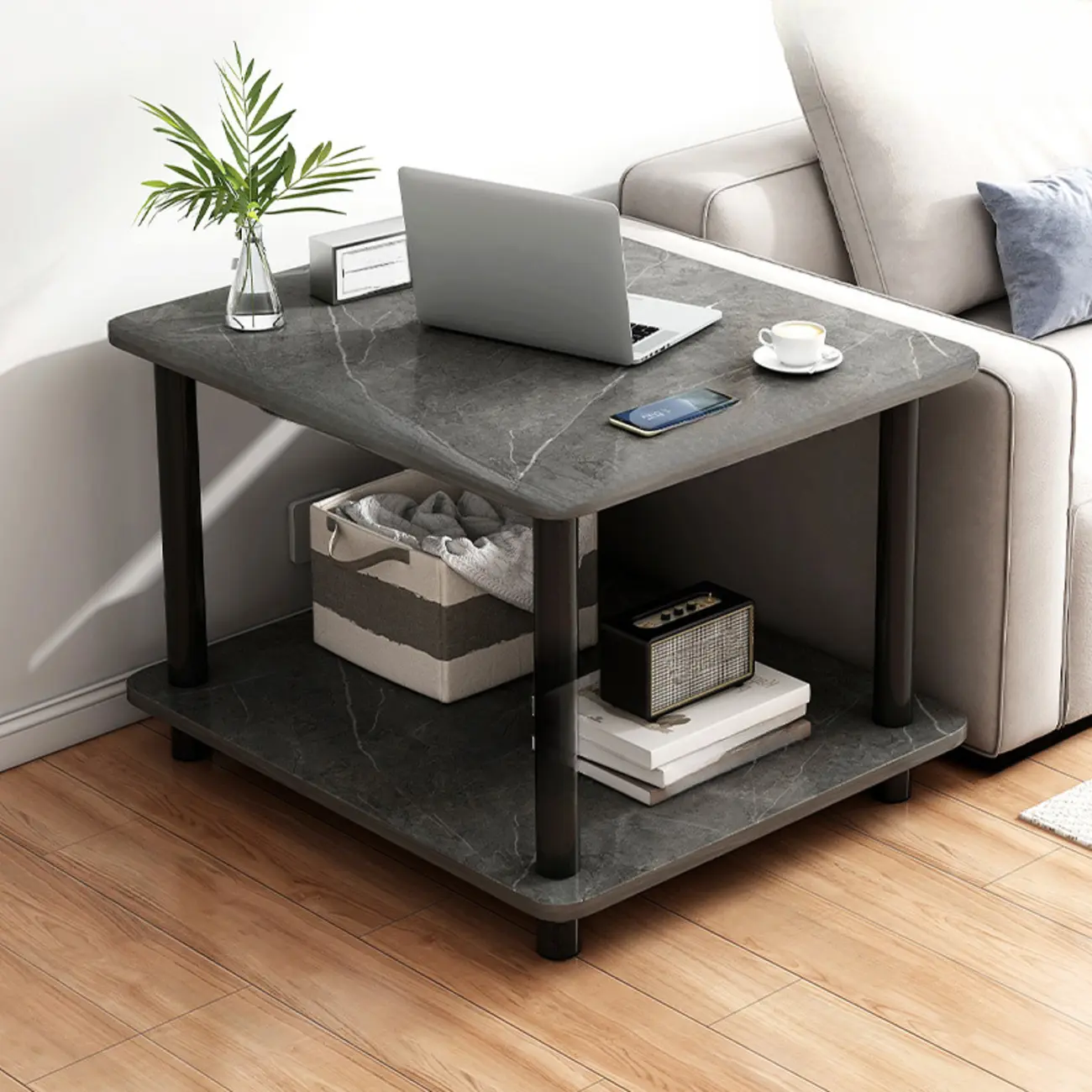 Square White Wood Side Table with Shelf