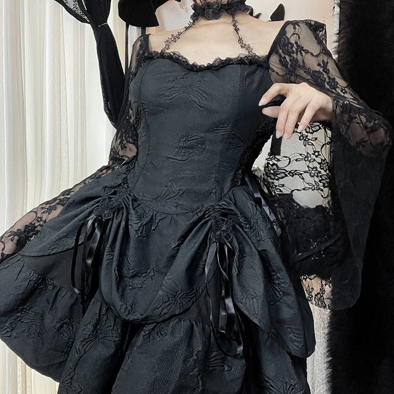 Halter Halloween Cosplay Costumes Gothic Lolita Party Dress White Black Flare Sleeve Fairy Princess Ruffle Cake Kawaii Dresses - Deanwangkt