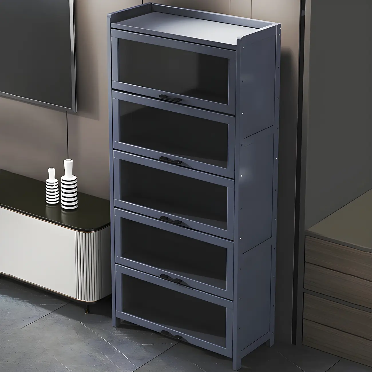 Living Room Modern Gray Bamboo Display Cabinet