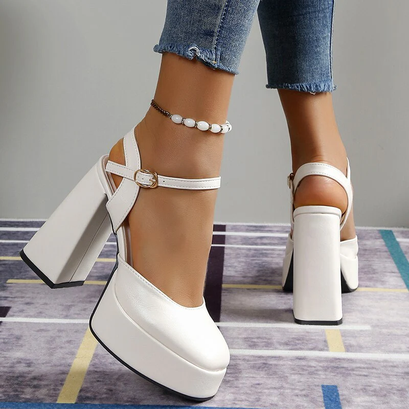 hulianfu White Super High Heels Mary Jane Shoes for Women  Summer Ankle Strap Platform Pumps Woman Slingback Thick Heeled Party Shoes - Deanwangkt