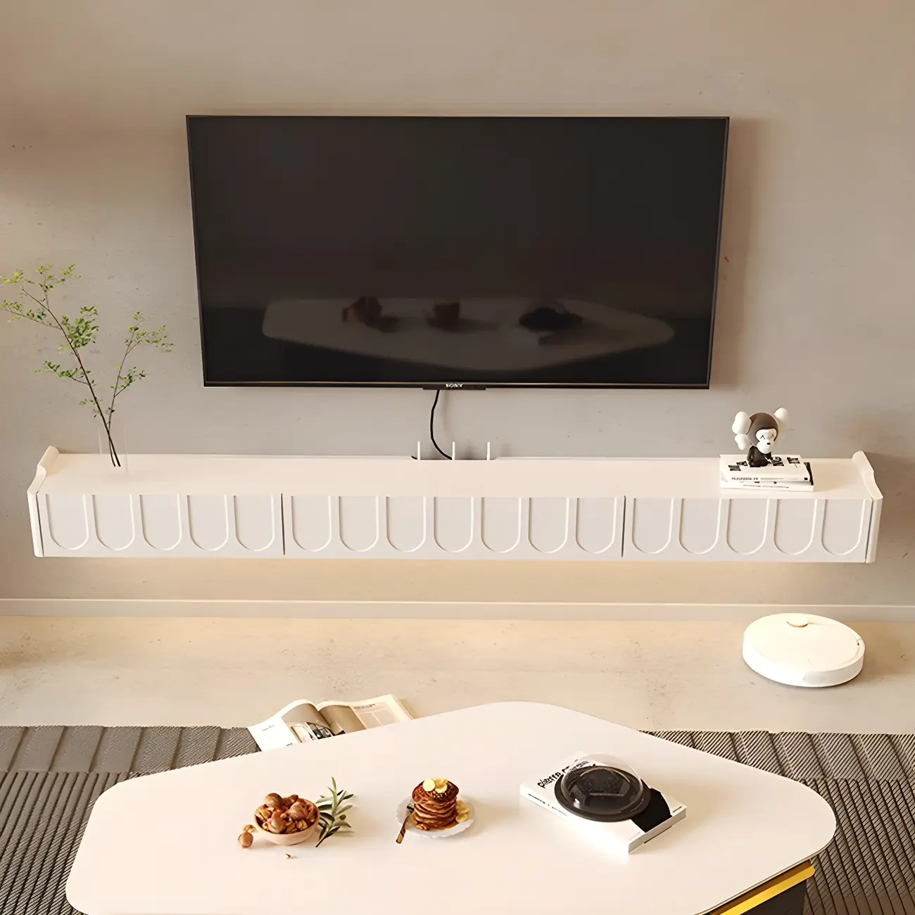 65 Long White Floating Wood U-Pattern TV Stand with Cabinet