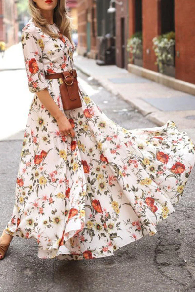 Fashion Elegant Print Patchwork O Neck A Line Dresses - Deanwangkt