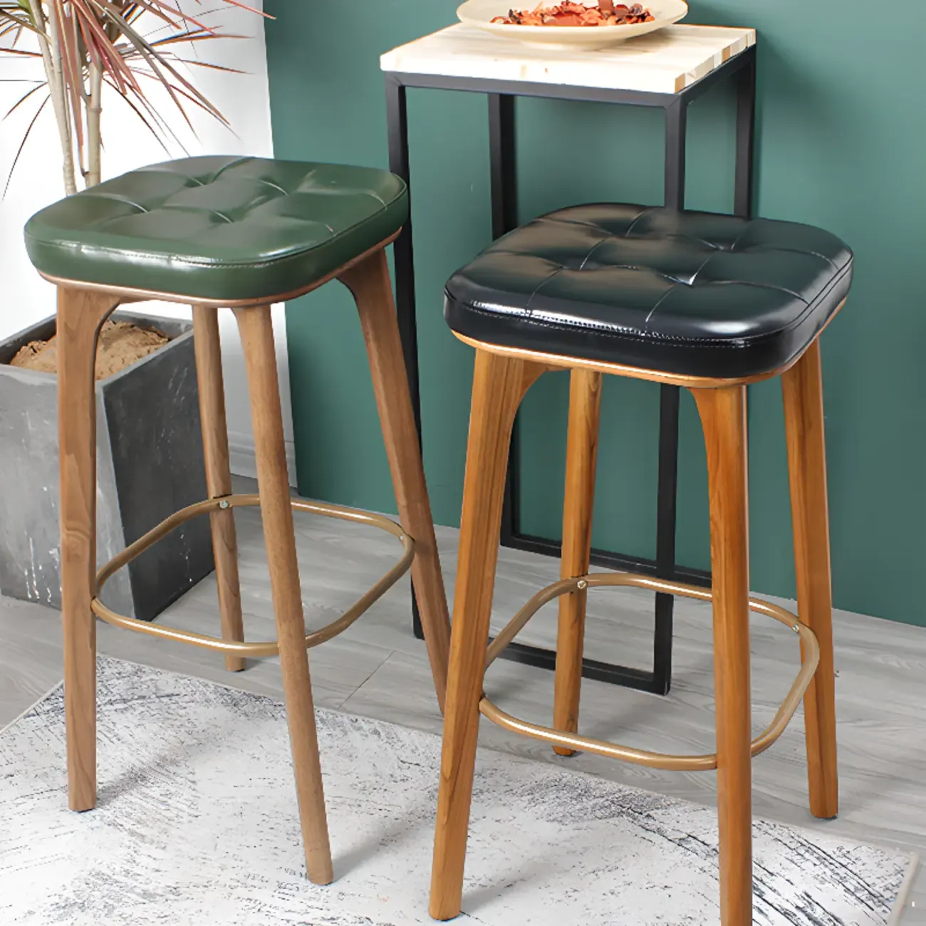 Scandinavian Wood Tufted Leatherette Bar Stools Backless