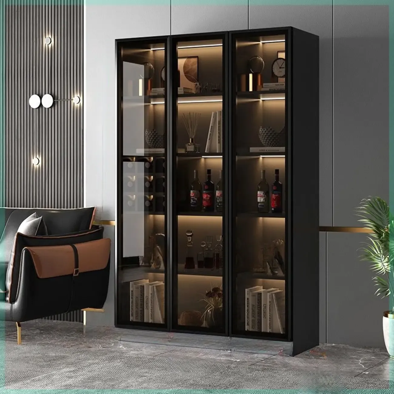 Large Black Wooden Flooring Display Cabinet with Light