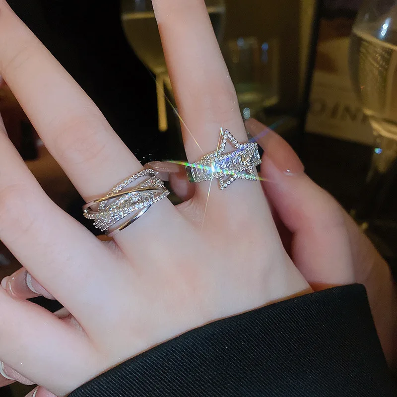 hulianfu Korean Fashion Zircon Star Cross Opening Ring For Women Luxury Index Finger Knuckle Rings Party Hand Jewelry Gifts - Deanwangkt