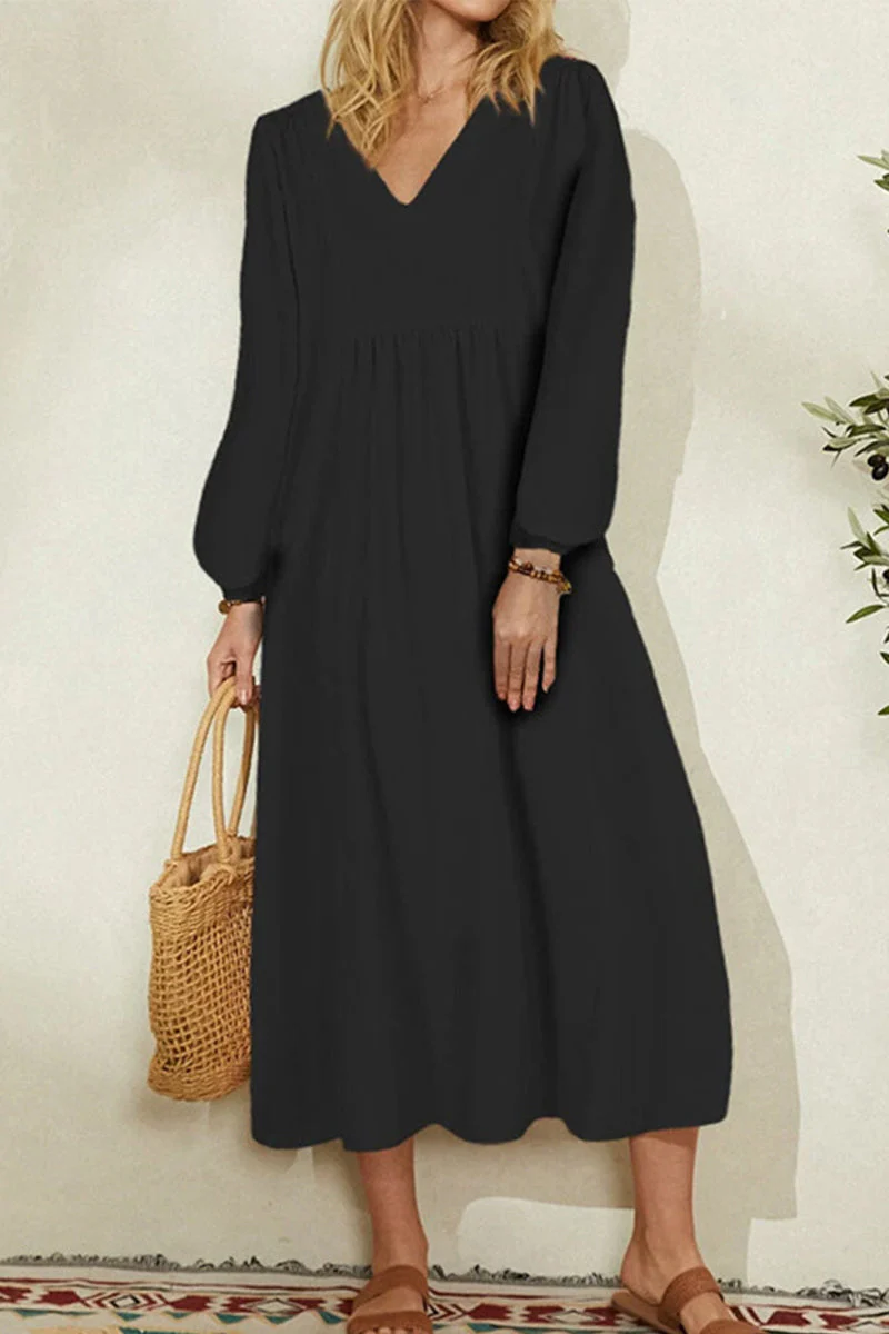 hulianfu Fashion Work Solid Fold V Neck Long Dress Dresses(4 colors) - Deanwangkt