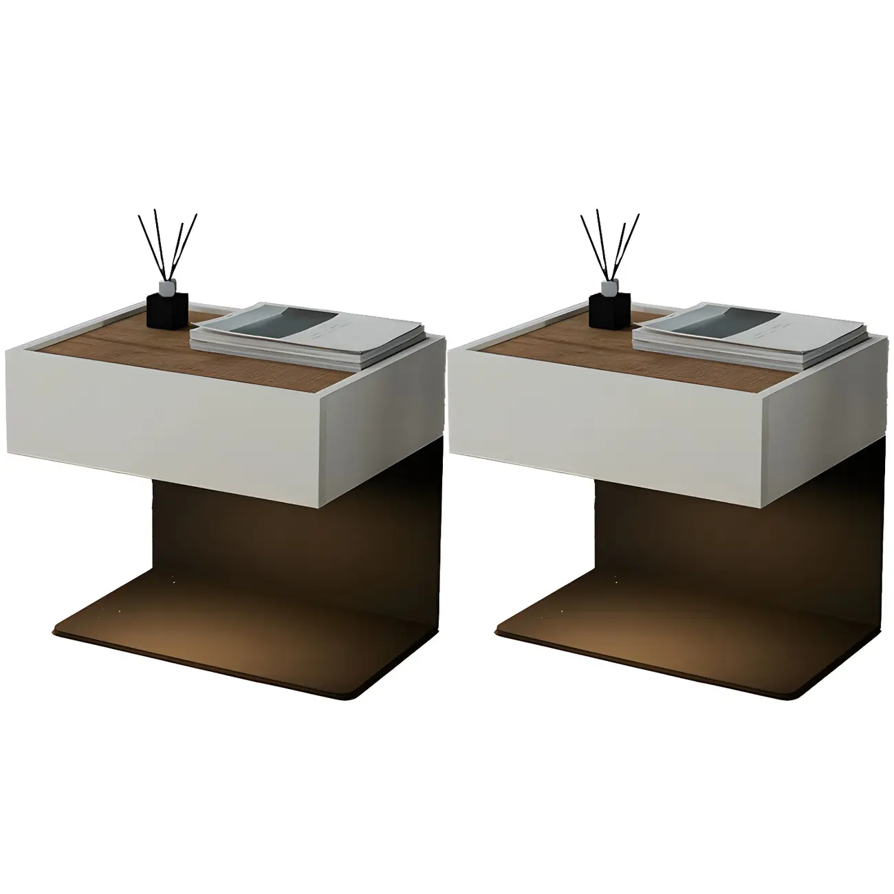 Black Steel Wood C-Shaped Drawer Nightstand with Light